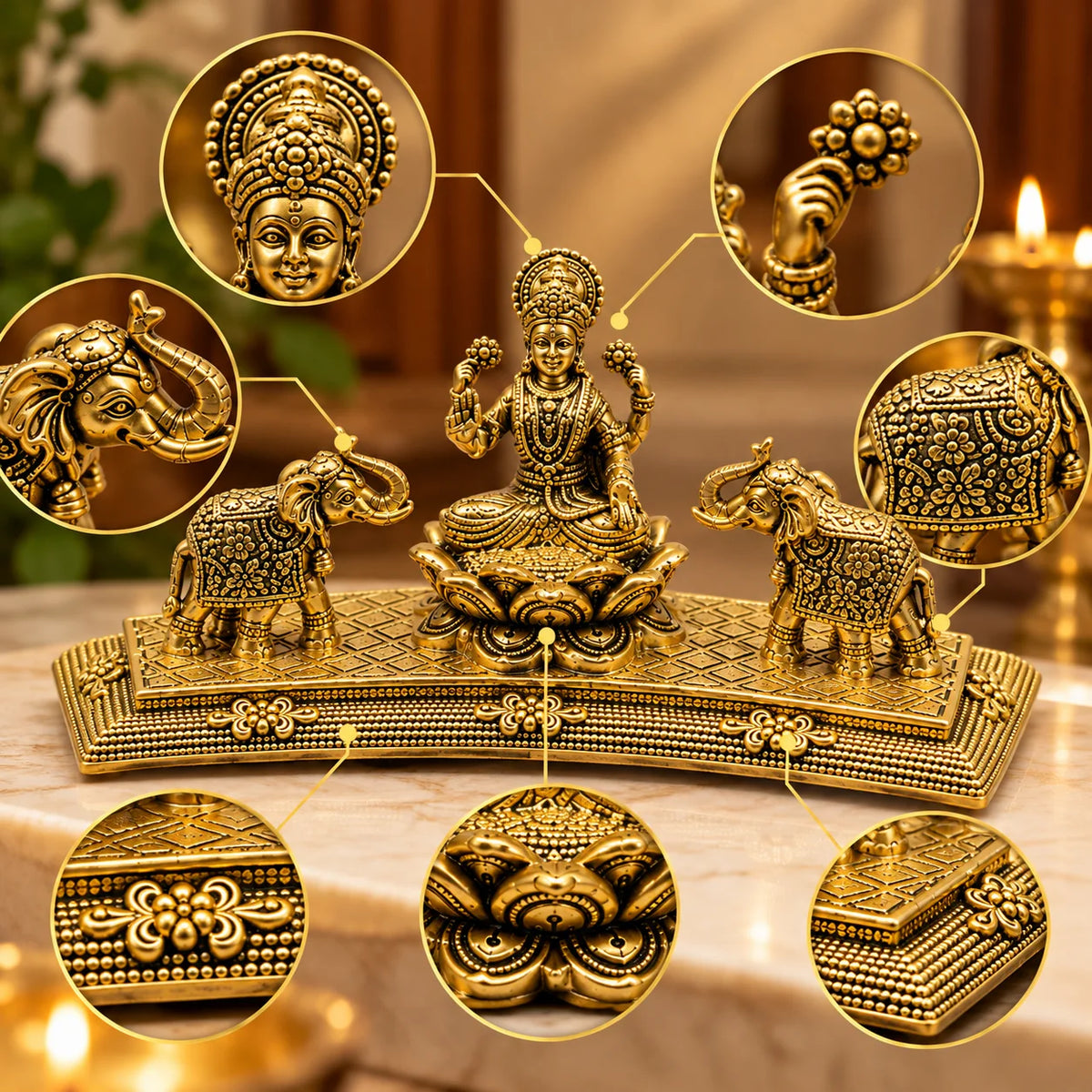 Antique Brass Goddess Lakshmi Statue with Elephants – Traditional Decorative Idol
