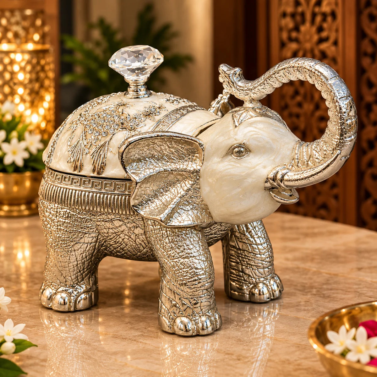 Silver Elephant Decorative Jewellery Box with Intricate Detailing