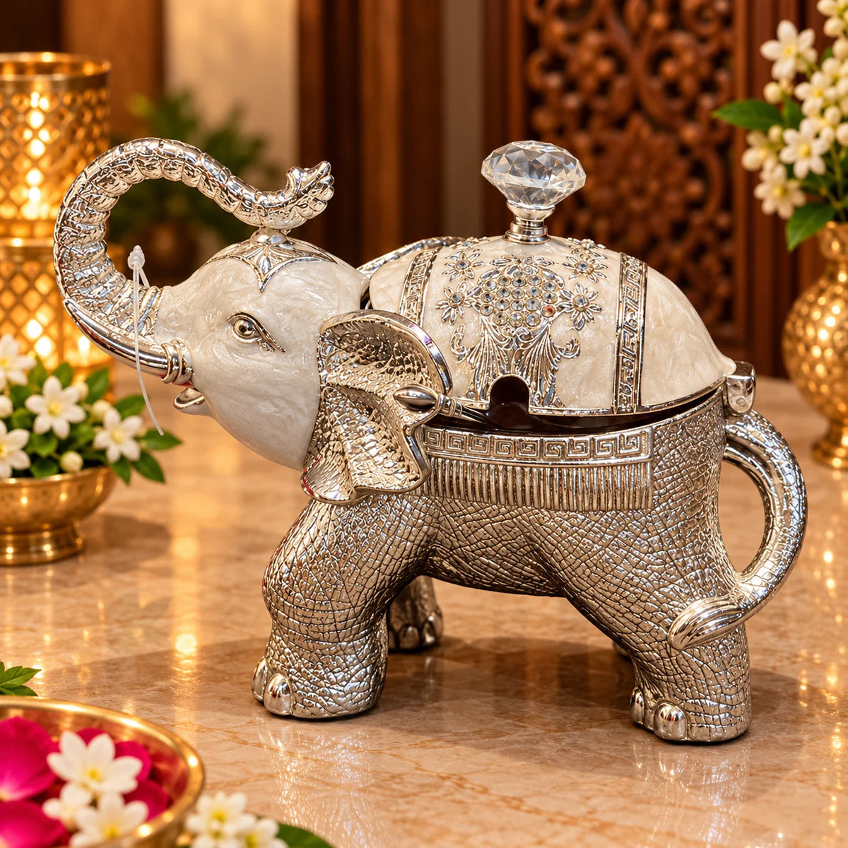 Silver Elephant Decorative Jewellery Box with Intricate Detailing