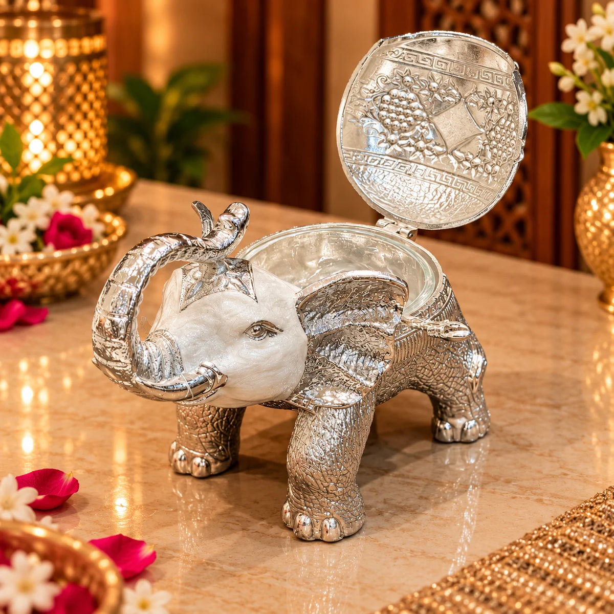 Silver Elephant Decorative Jewellery Box with Intricate Detailing