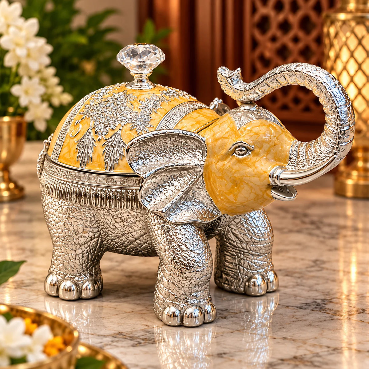 Yellow Elephant Decorative Jewellery Box with Silver Finish