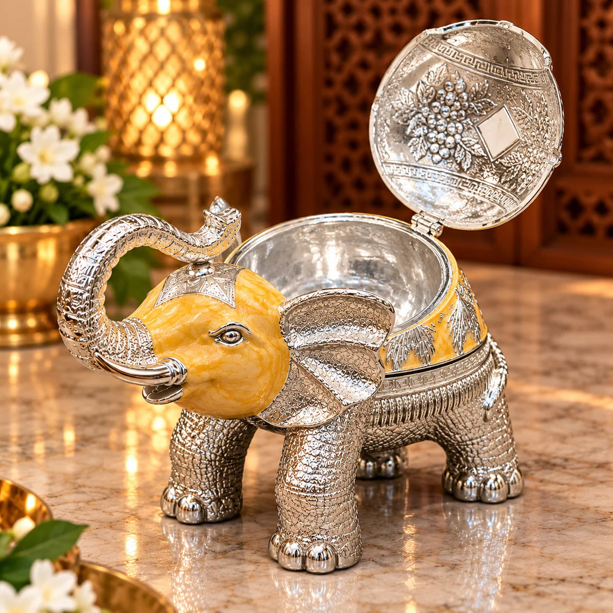 Yellow Elephant Decorative Jewellery Box with Silver Finish