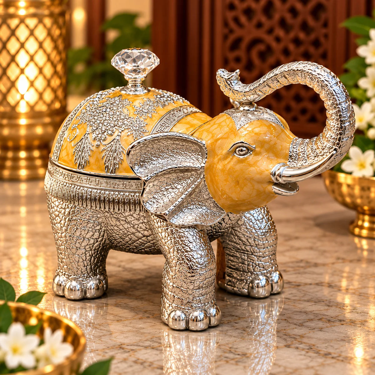 Yellow Elephant Decorative Jewellery Box with Silver Finish