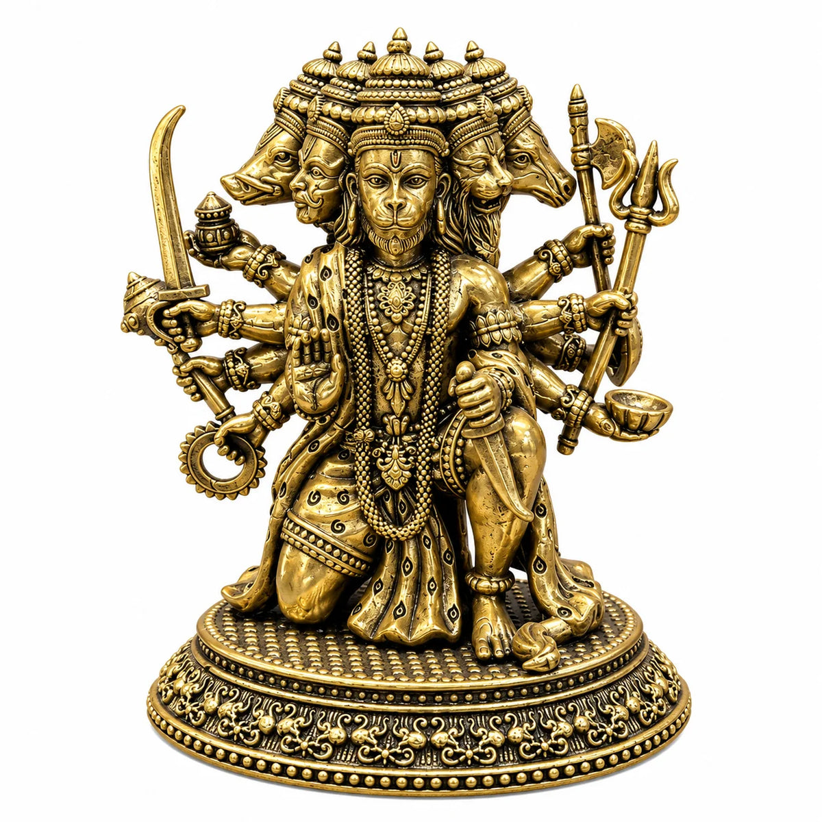 Antique Brass Panchmukhi Hanuman Ji Statue with Multiple Arms and Ornate Base