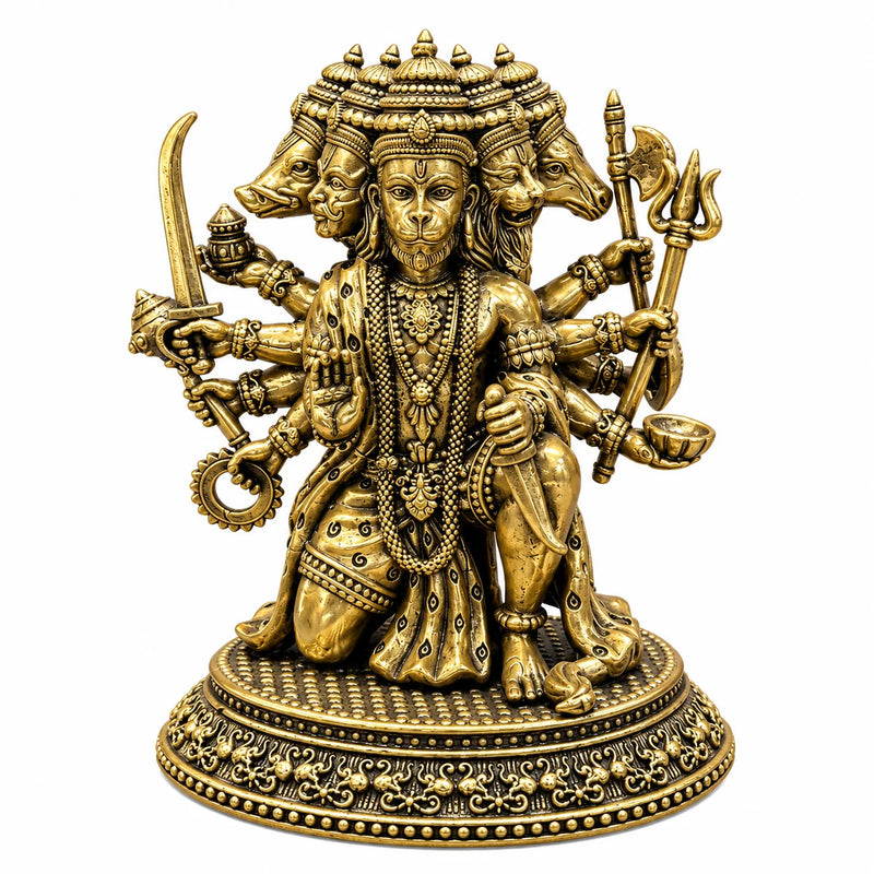Antique Brass Panchmukhi Hanuman Ji Statue with Multiple Arms and Ornate Base