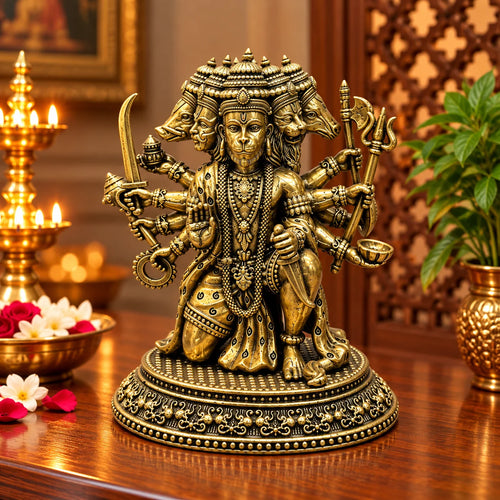 Antique Brass Panchmukhi Hanuman Ji Statue with Multiple Arms and Ornate Base
