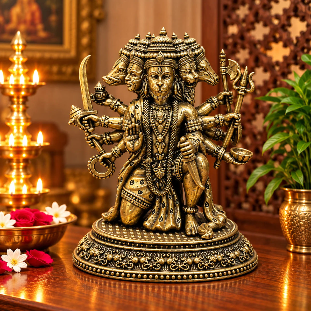 Antique Brass Panchmukhi Hanuman Ji Statue with Multiple Arms and Ornate Base