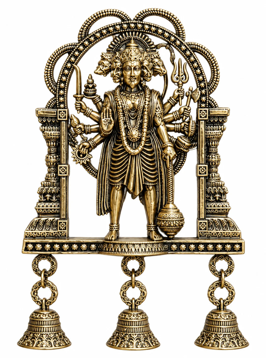 Five Faced Hanuman Brass Wall Hanging with Decorative Bells – Antique Gold Finish