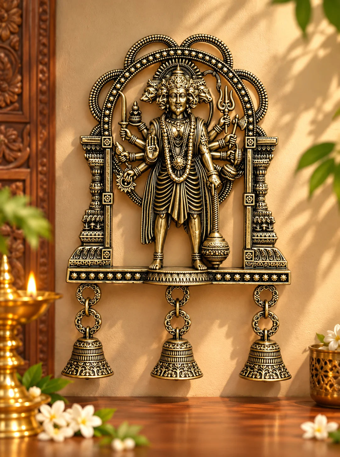 Five Faced Hanuman Brass Wall Hanging with Decorative Bells – Antique Gold Finish