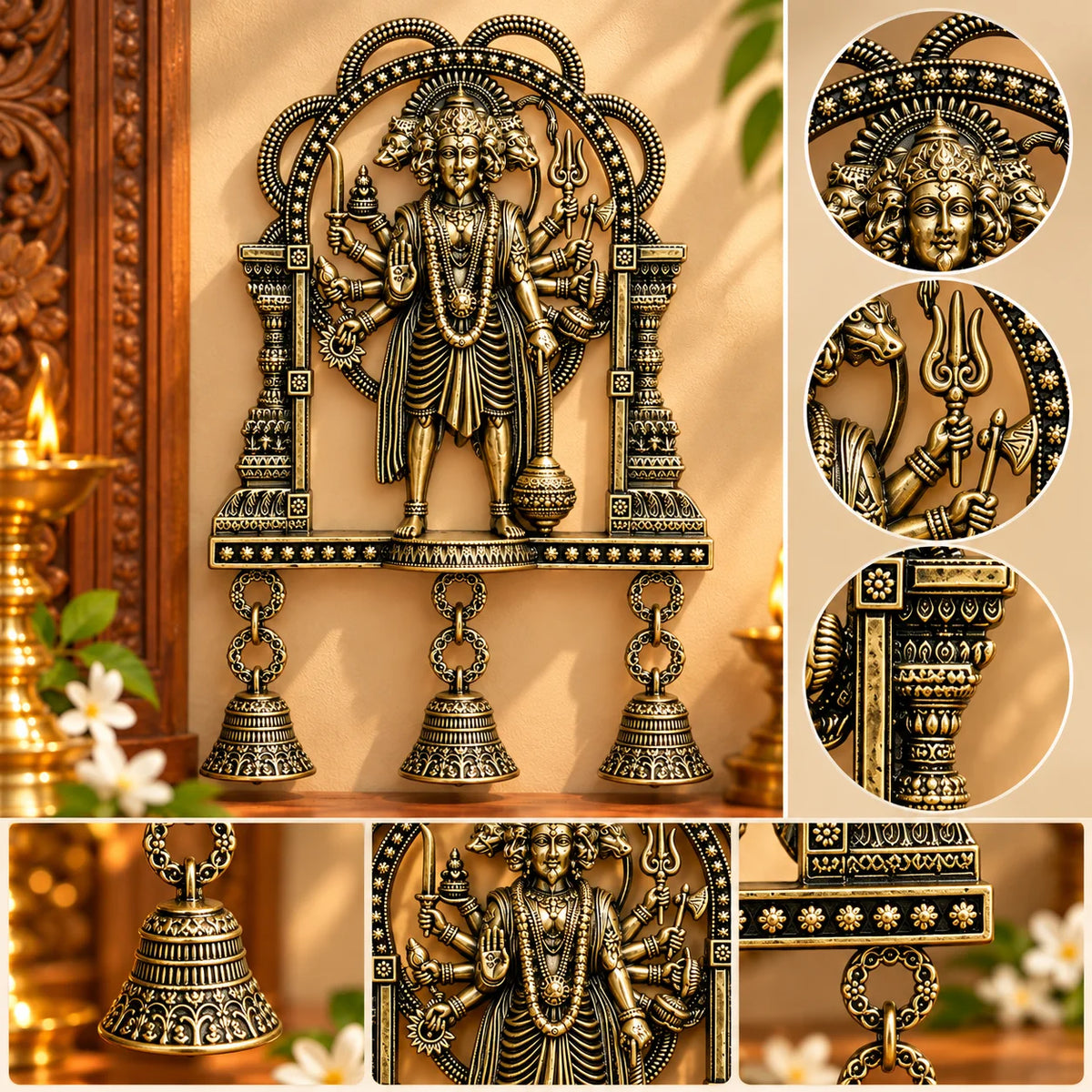 Five Faced Hanuman Brass Wall Hanging with Decorative Bells – Antique Gold Finish