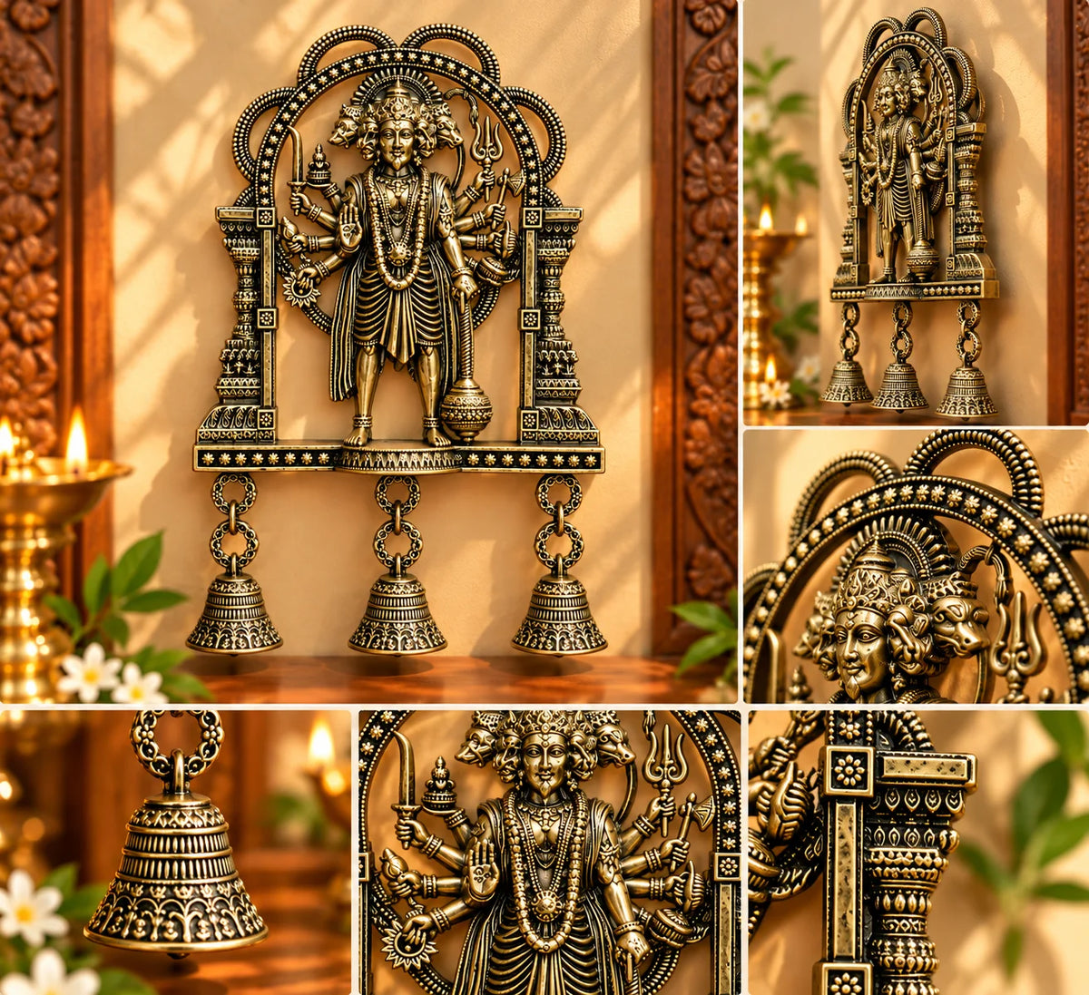 Five Faced Hanuman Brass Wall Hanging with Decorative Bells – Antique Gold Finish