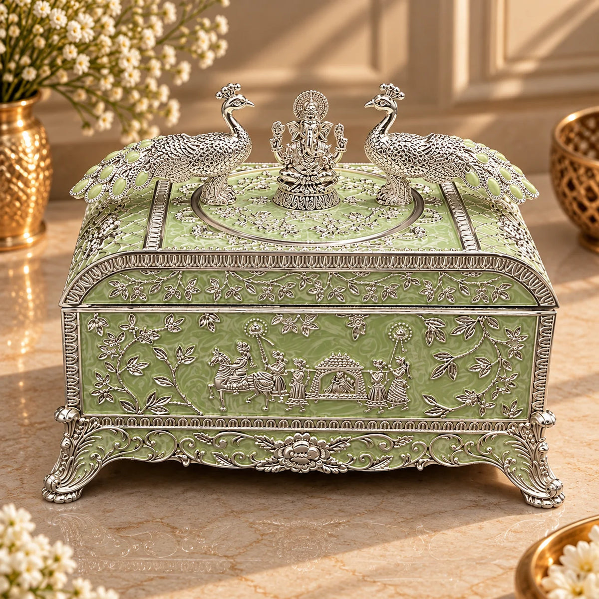 Green Ganesha Peacock Decorative Jewellery Box