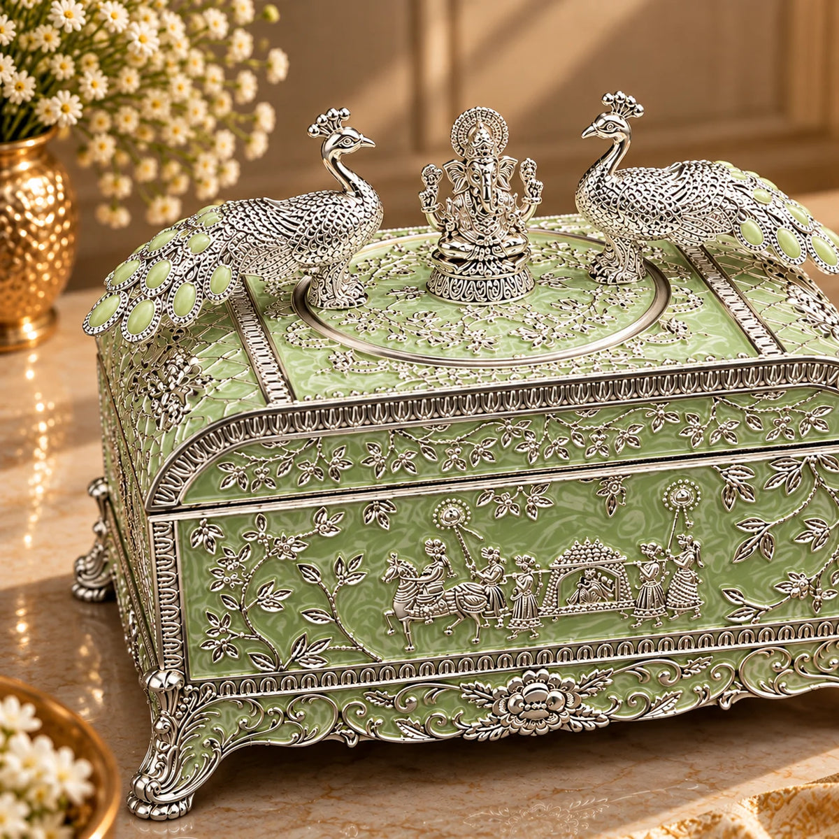 Green Ganesha Peacock Decorative Jewellery Box