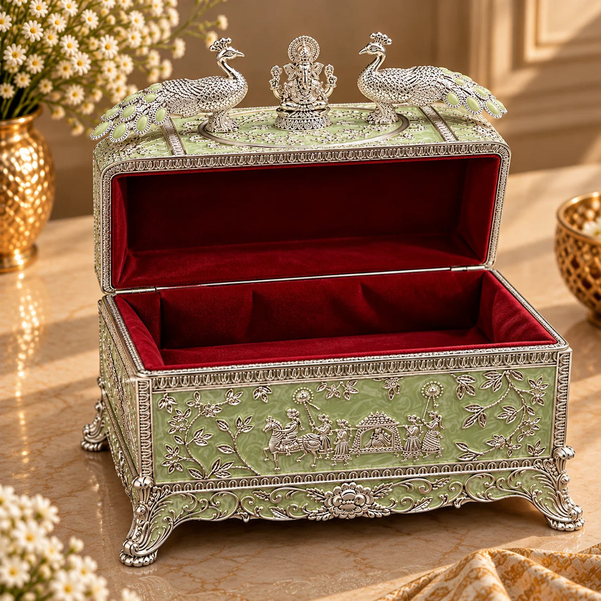 Green Ganesha Peacock Decorative Jewellery Box