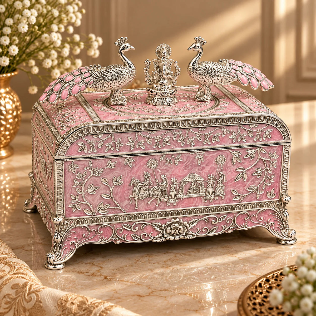 Pink Peacock Embossed Decorative Jewellery Box