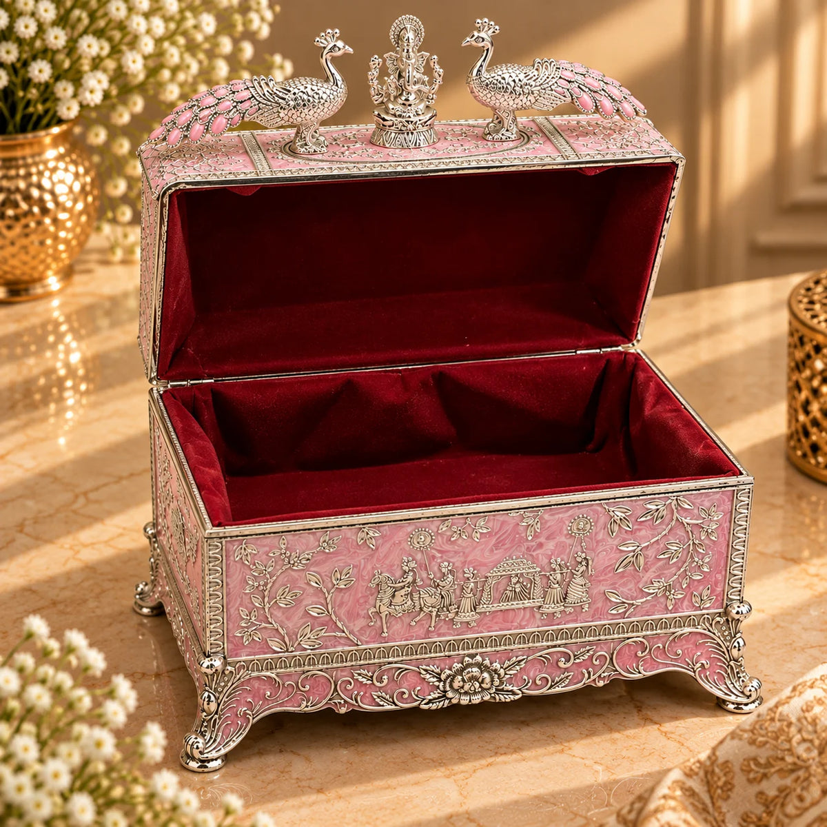 Pink Peacock Embossed Decorative Jewellery Box