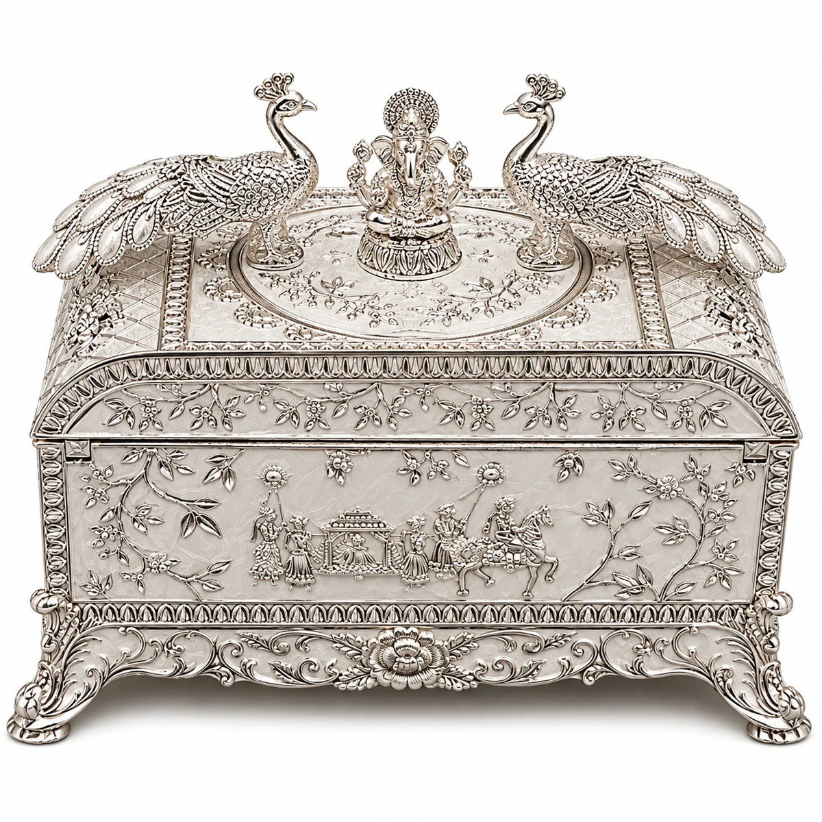 Silver Peacock Embossed Decorative Jewellery Box
