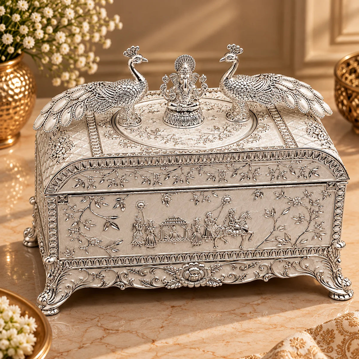 Silver Peacock Embossed Decorative Jewellery Box