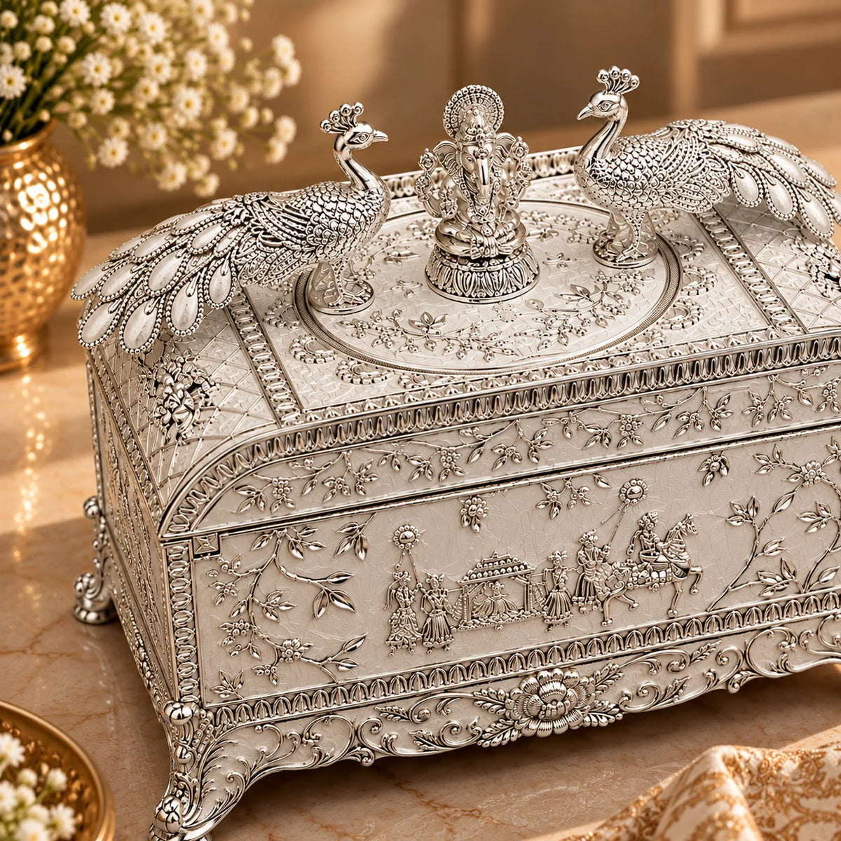 Silver Peacock Embossed Decorative Jewellery Box