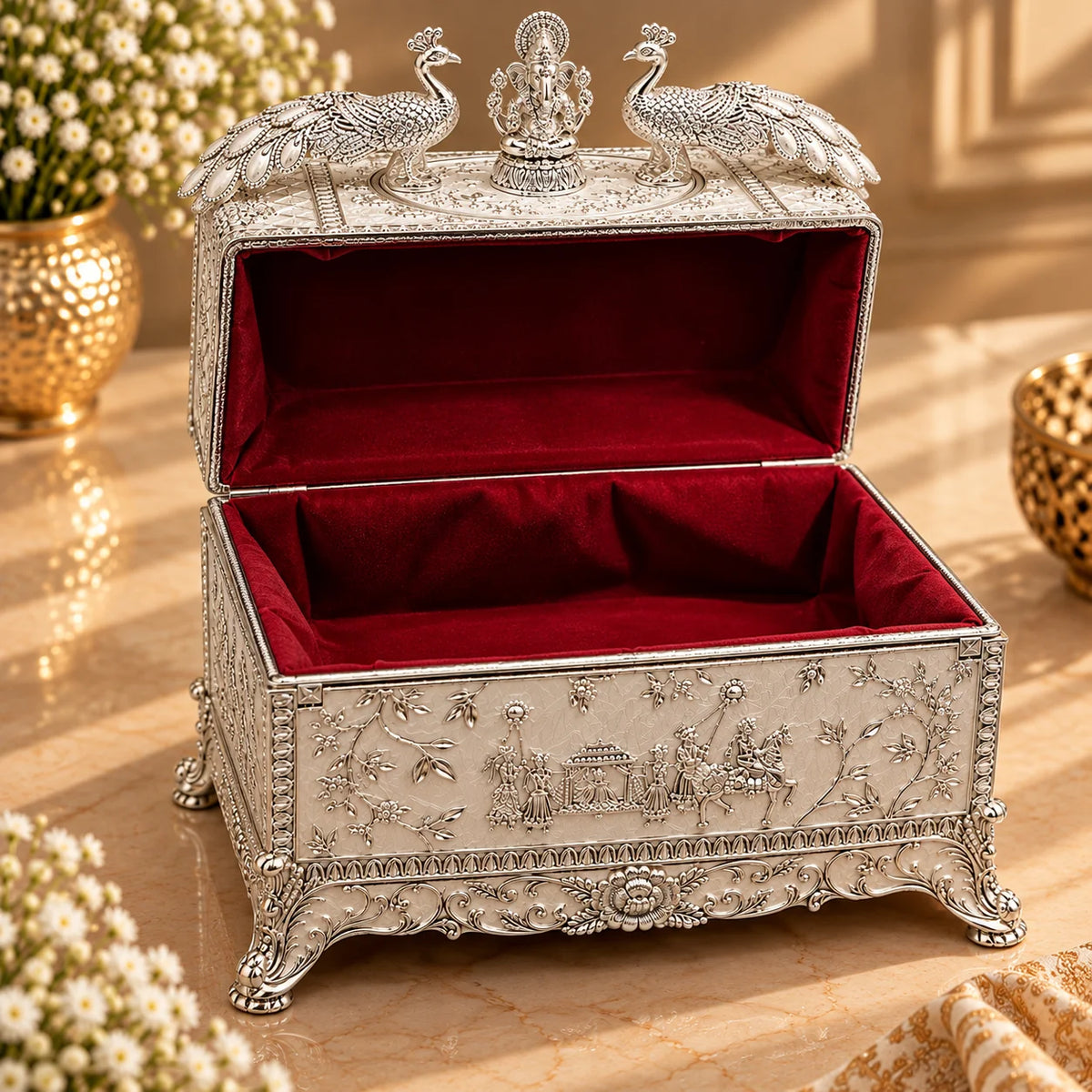 Silver Peacock Embossed Decorative Jewellery Box