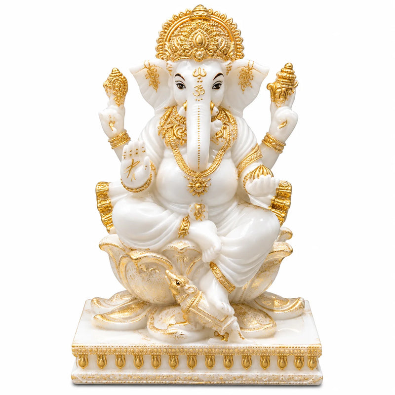 White & Gold Lord Ganesha Idol on Lotus Throne - Decorative Ganpati Idols