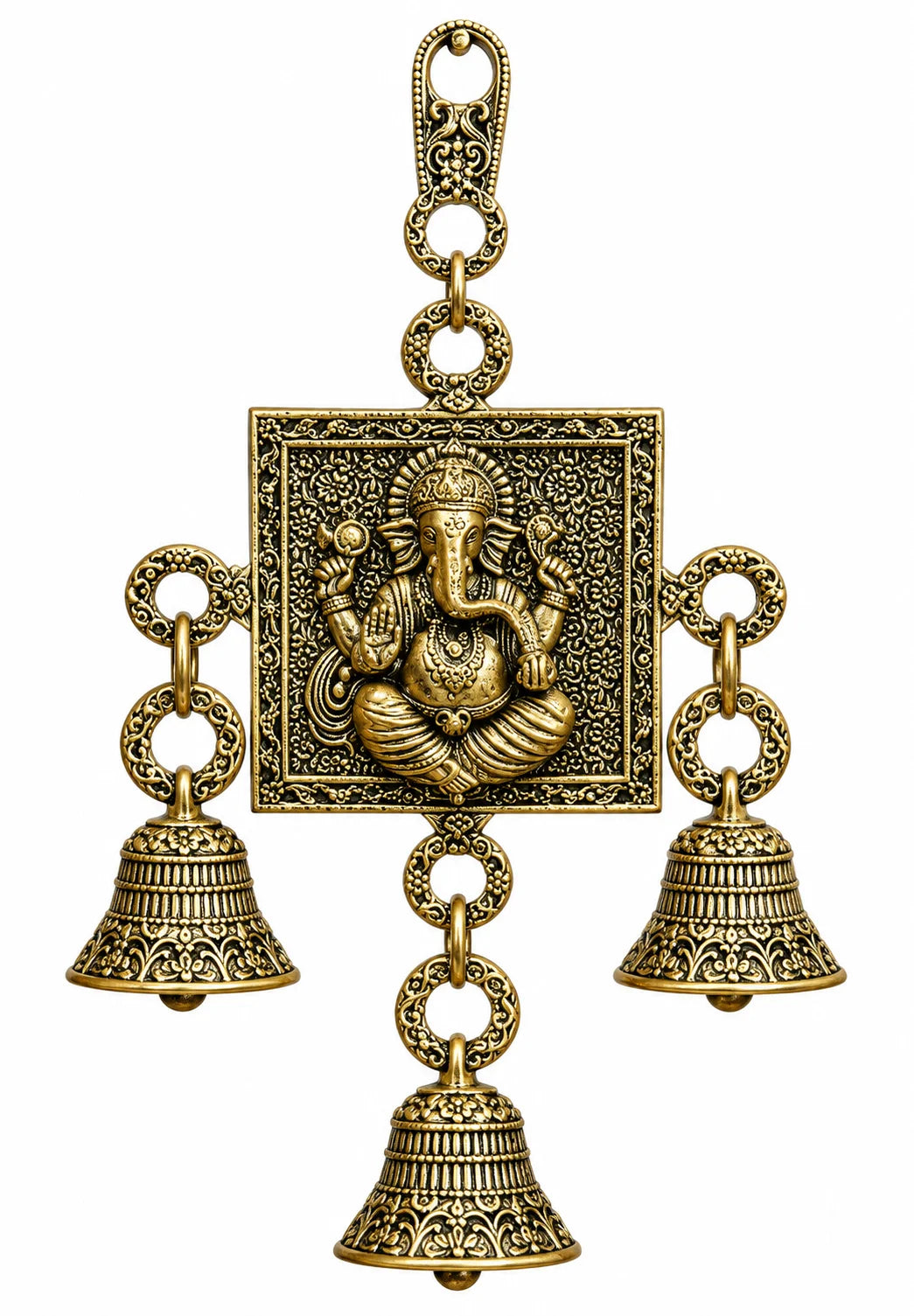 Antique Brass Lord Ganesha Wall Hanging with 3 Decorative Bells – Traditional Pooja Room Decor