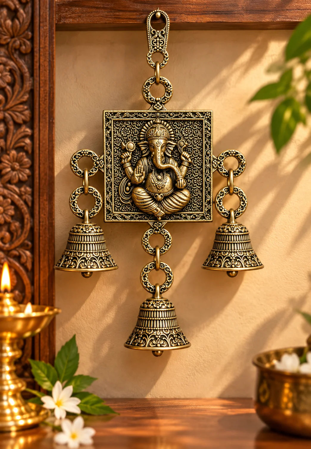 Antique Brass Lord Ganesha Wall Hanging with 3 Decorative Bells – Traditional Pooja Room Decor