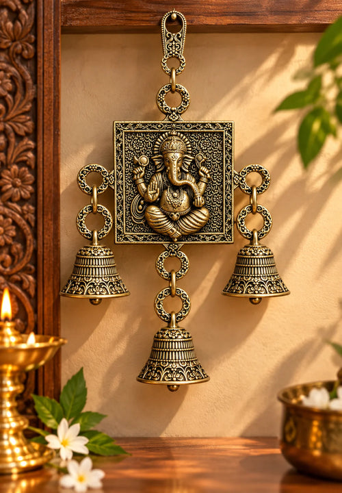 Antique Brass Lord Ganesha Wall Hanging with 3 Decorative Bells – Traditional Pooja Room Decor