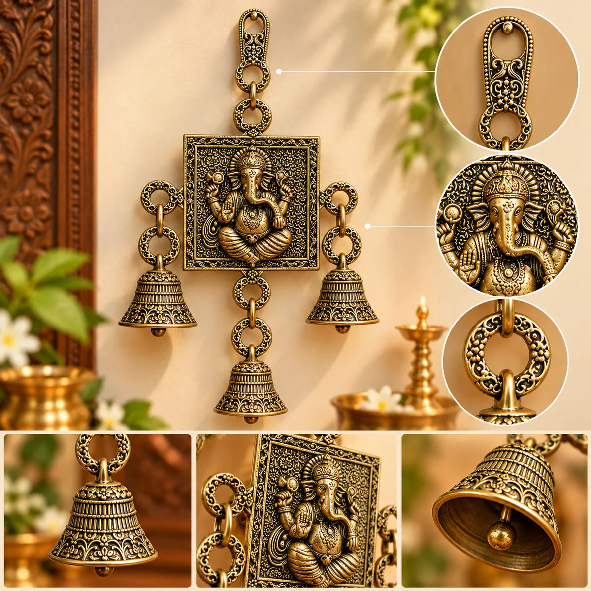 Antique Brass Lord Ganesha Wall Hanging with 3 Decorative Bells – Traditional Pooja Room Decor
