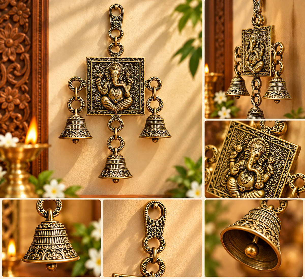 Antique Brass Lord Ganesha Wall Hanging with 3 Decorative Bells – Traditional Pooja Room Decor