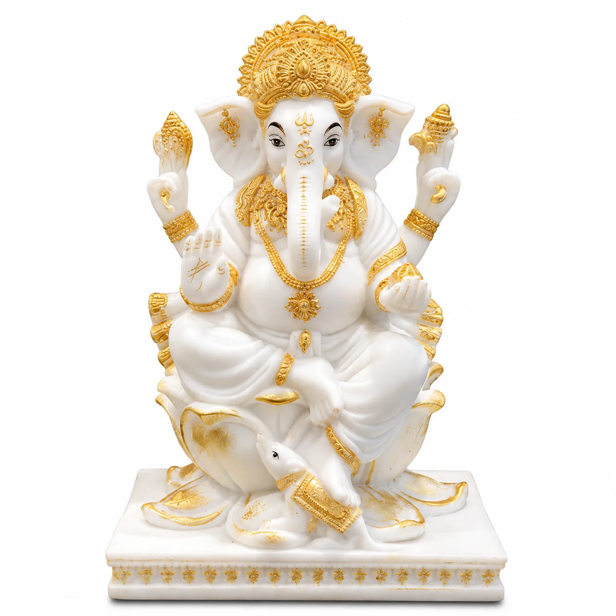White & Gold Lord Ganesha Idol on Lotus Throne - Decorative Ganpati Idol