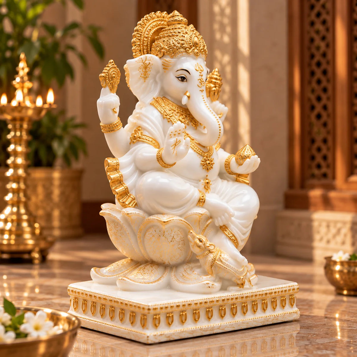 White & Gold Lord Ganesha Idol on Lotus Throne - Decorative Ganpati Idol
