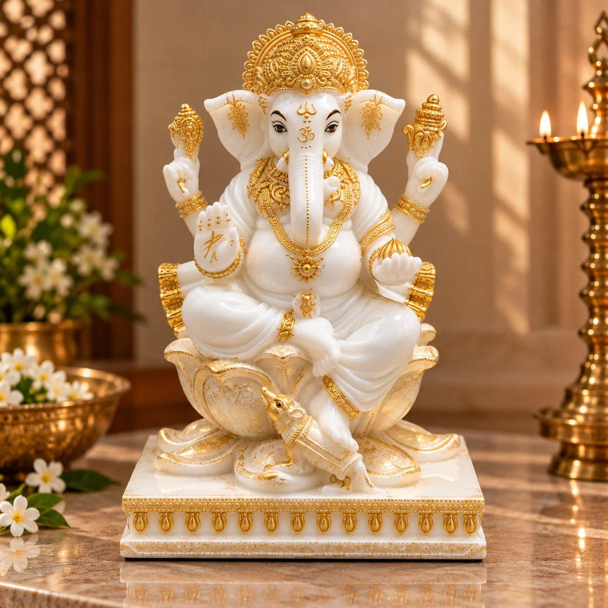White & Gold Lord Ganesha Idol on Lotus Throne - Decorative Ganpati Idol