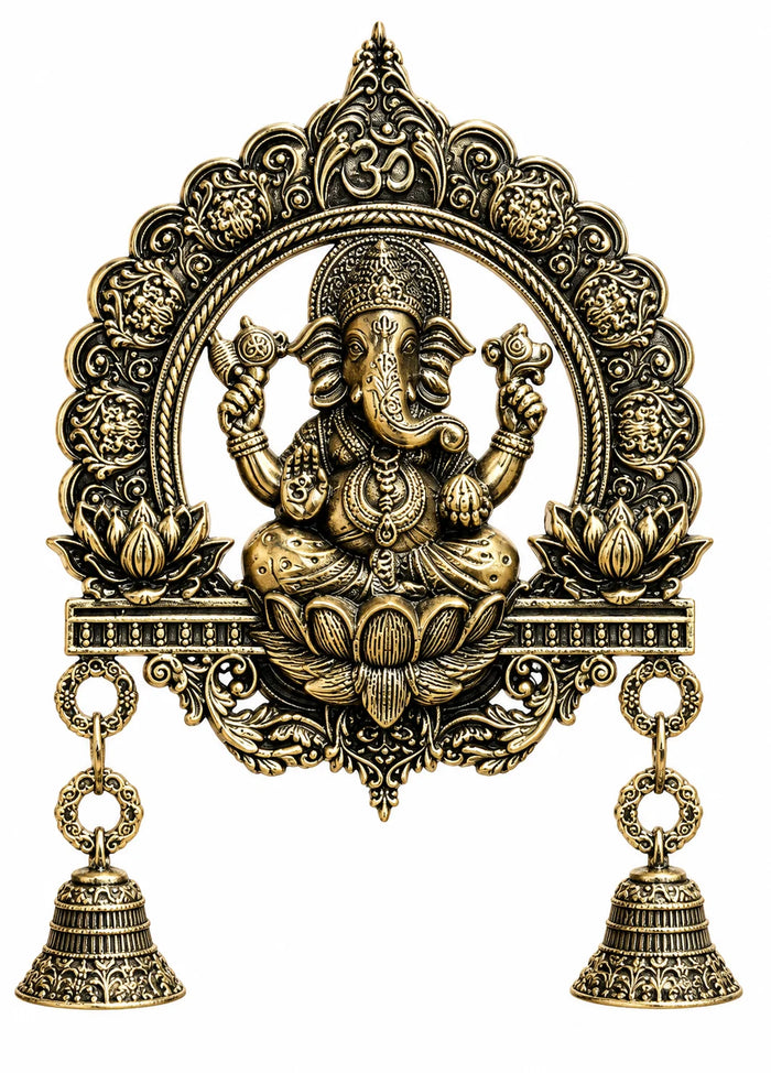 Antique Brass Lord Ganesha Wall Hanging with 2 Decorative Bells – Om Symbol Wall Decor
