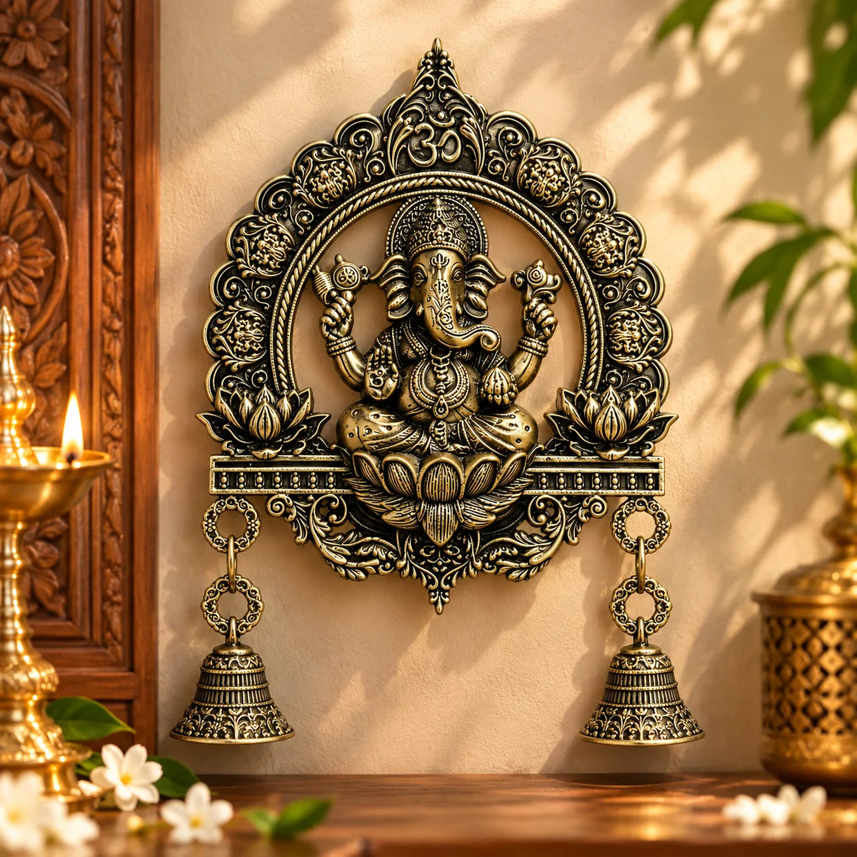 Antique Brass Lord Ganesha Wall Hanging with 2 Decorative Bells – Om Symbol Wall Decor