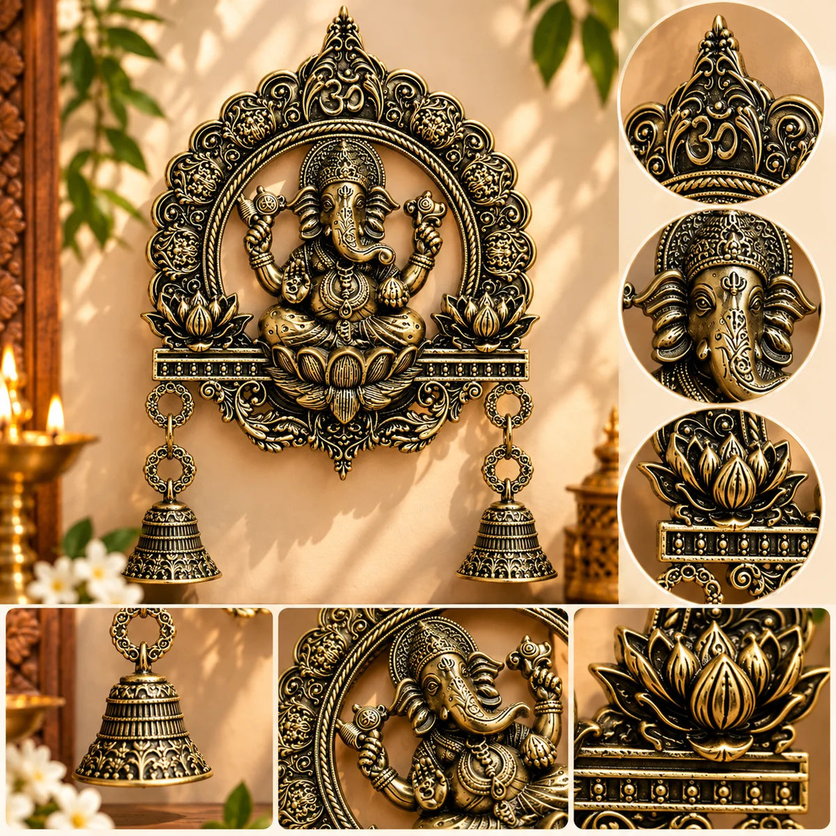 Antique Brass Lord Ganesha Wall Hanging with 2 Decorative Bells – Om Symbol Wall Decor