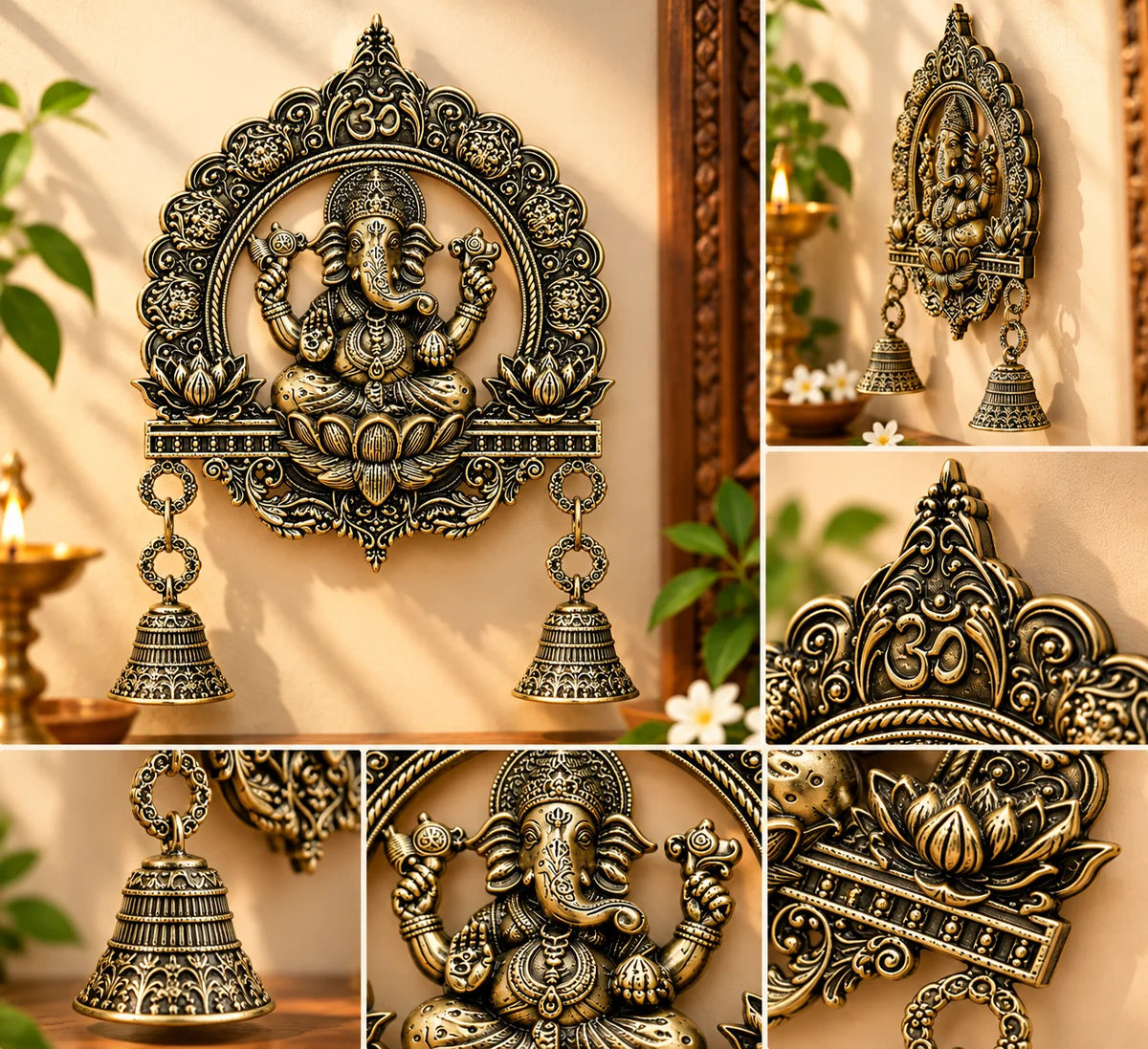 Antique Brass Lord Ganesha Wall Hanging with 2 Decorative Bells – Om Symbol Wall Decor