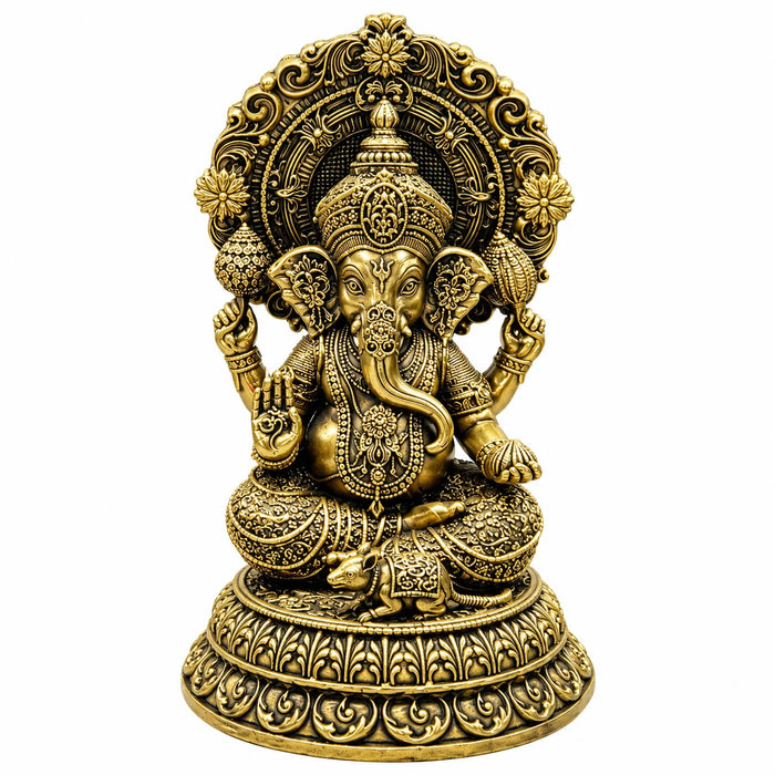 Antique Brass Lord Ganesha Idol with Ornate Prabhavali Backrest – Traditional Decorative Murti