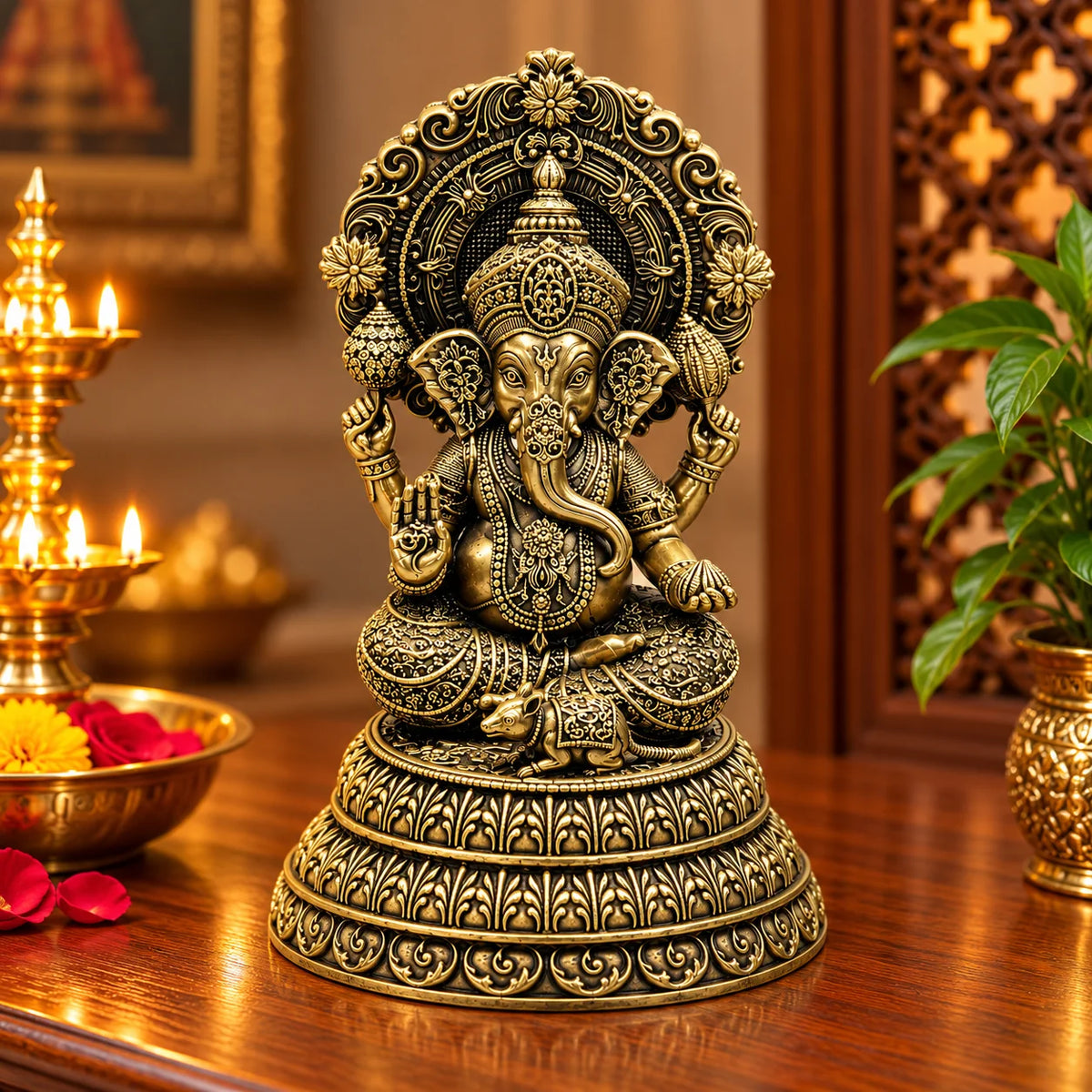Antique Brass Lord Ganesha Idol with Ornate Prabhavali Backrest – Traditional Decorative Murti