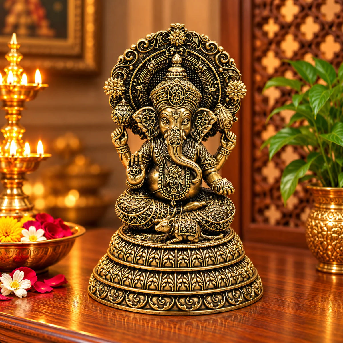 Antique Brass Lord Ganesha Statue with Ornate Halo and Decorative Pedestal