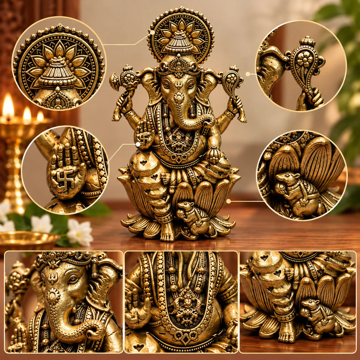 Antique Brass Lord Ganesha Idol with Ornate Prabhavali Backrest – Traditional Decorative Murti