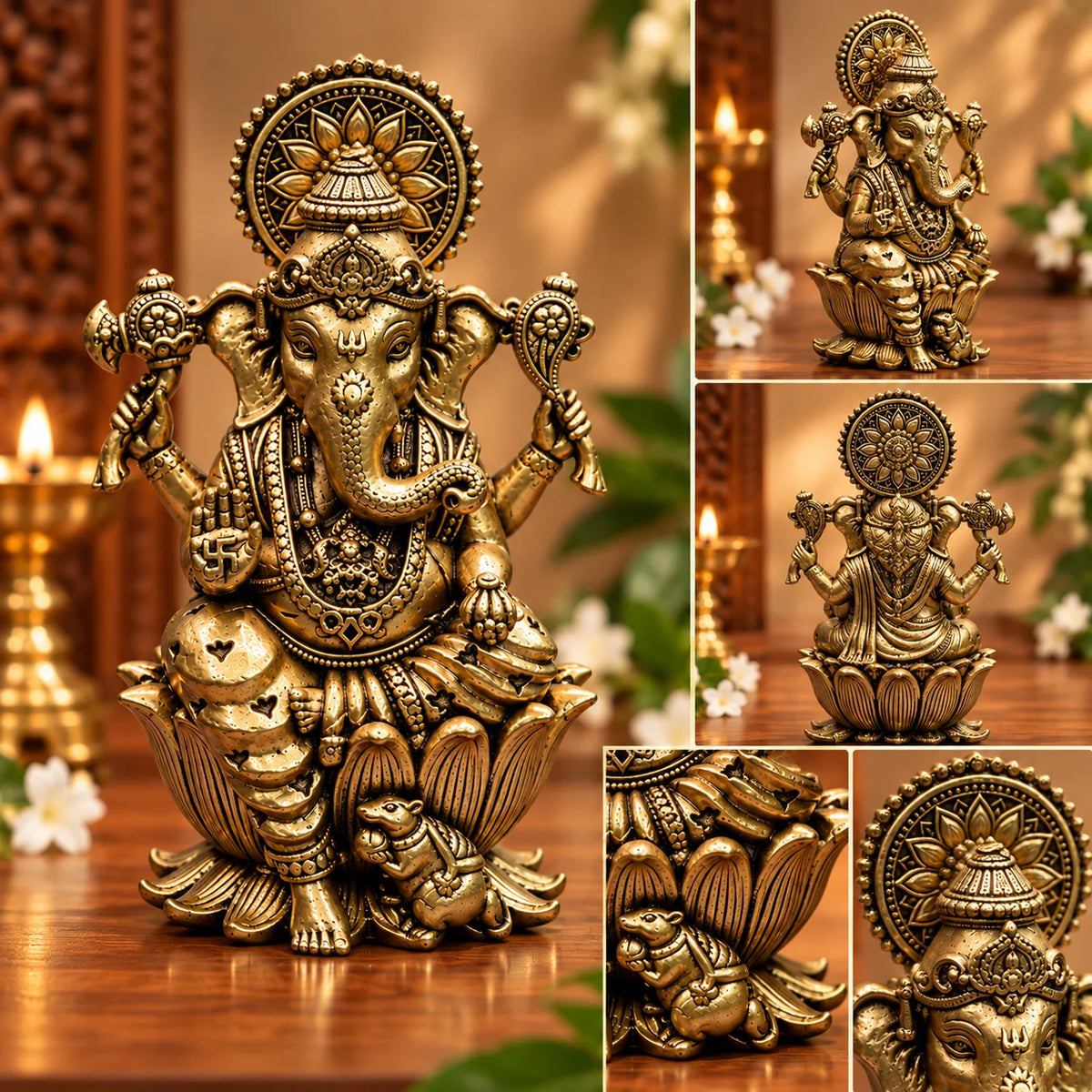 Antique Brass Lord Ganesha Idol with Ornate Prabhavali Backrest – Traditional Decorative Murti