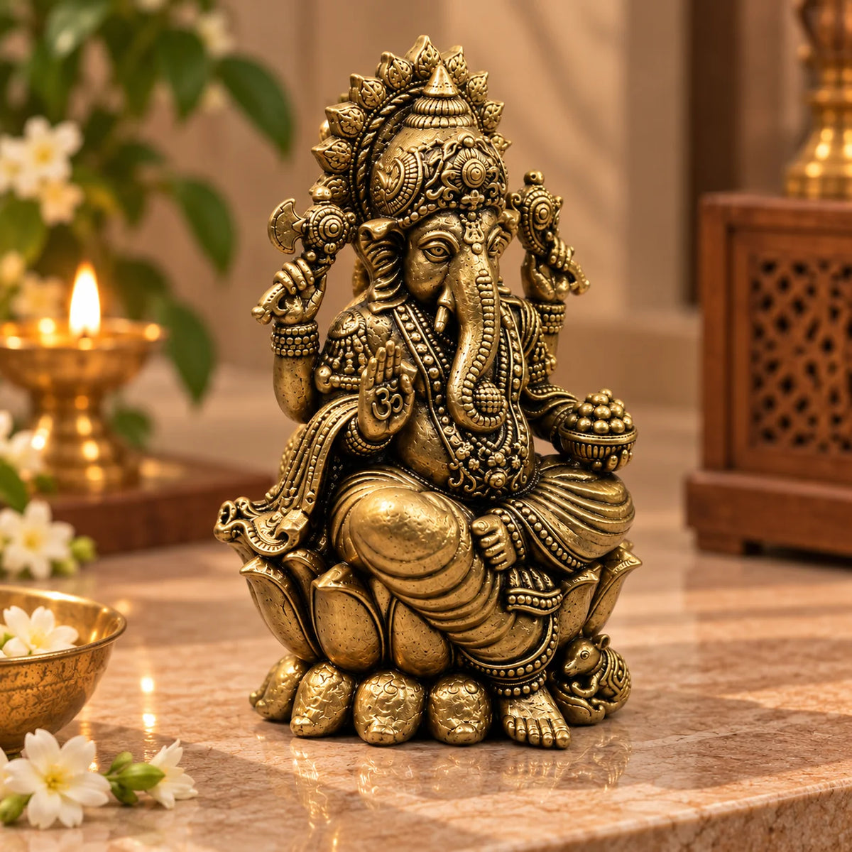 Antique Gold Lord Ganesha Idol with Lotus Base