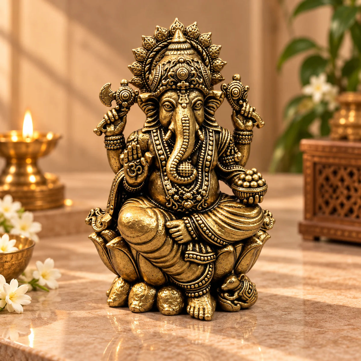 Antique Gold Lord Ganesha Idol with Lotus Base