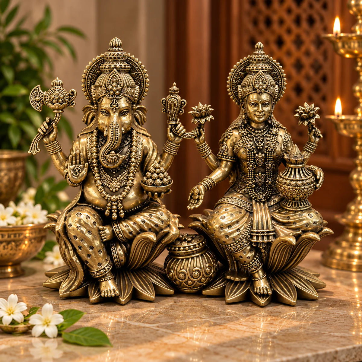 Antique Gold Lakshmi Ganesh Idol Set for Home Temple