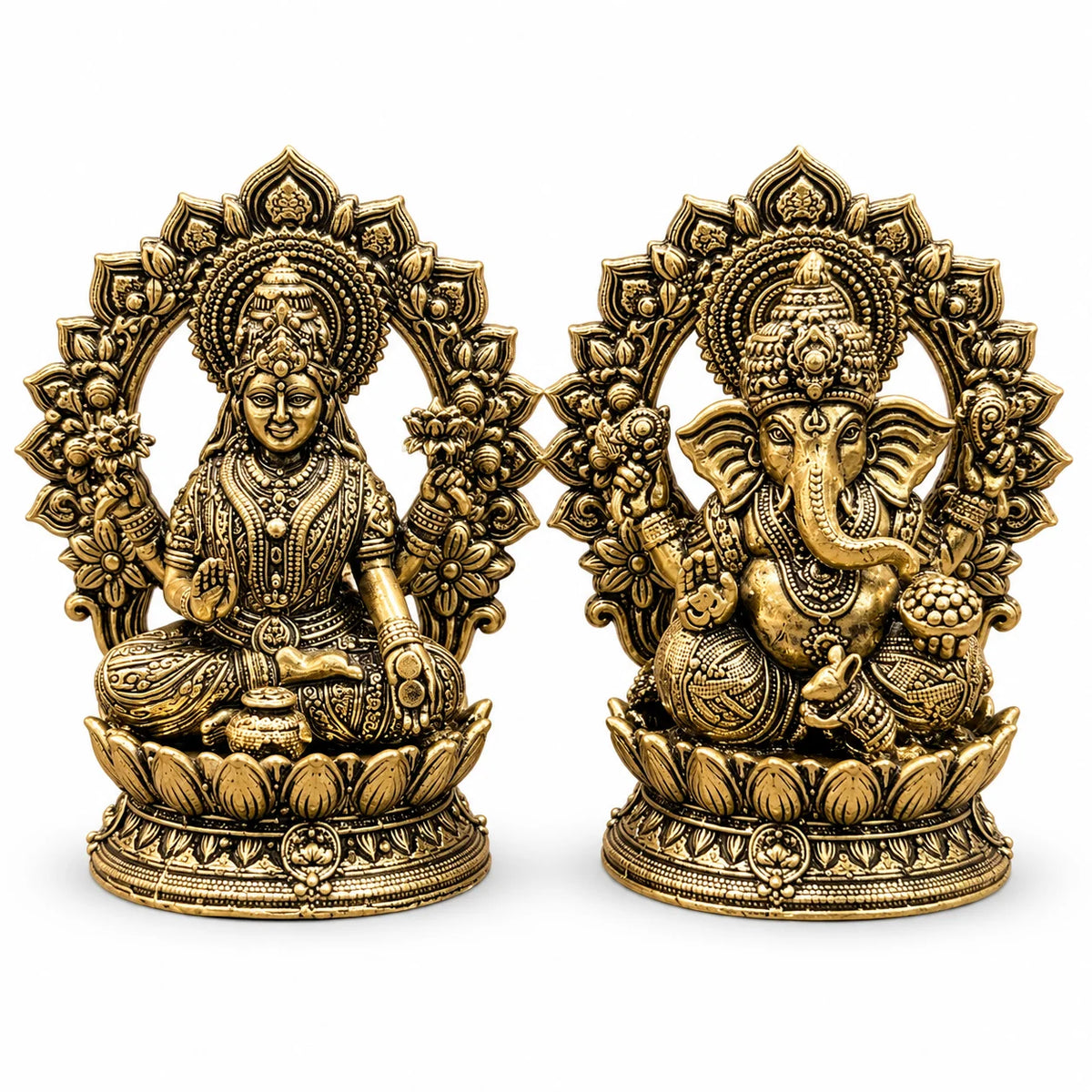 Antique Gold Lakshmi Ganesha Idol Set with Ornate Lotus Base