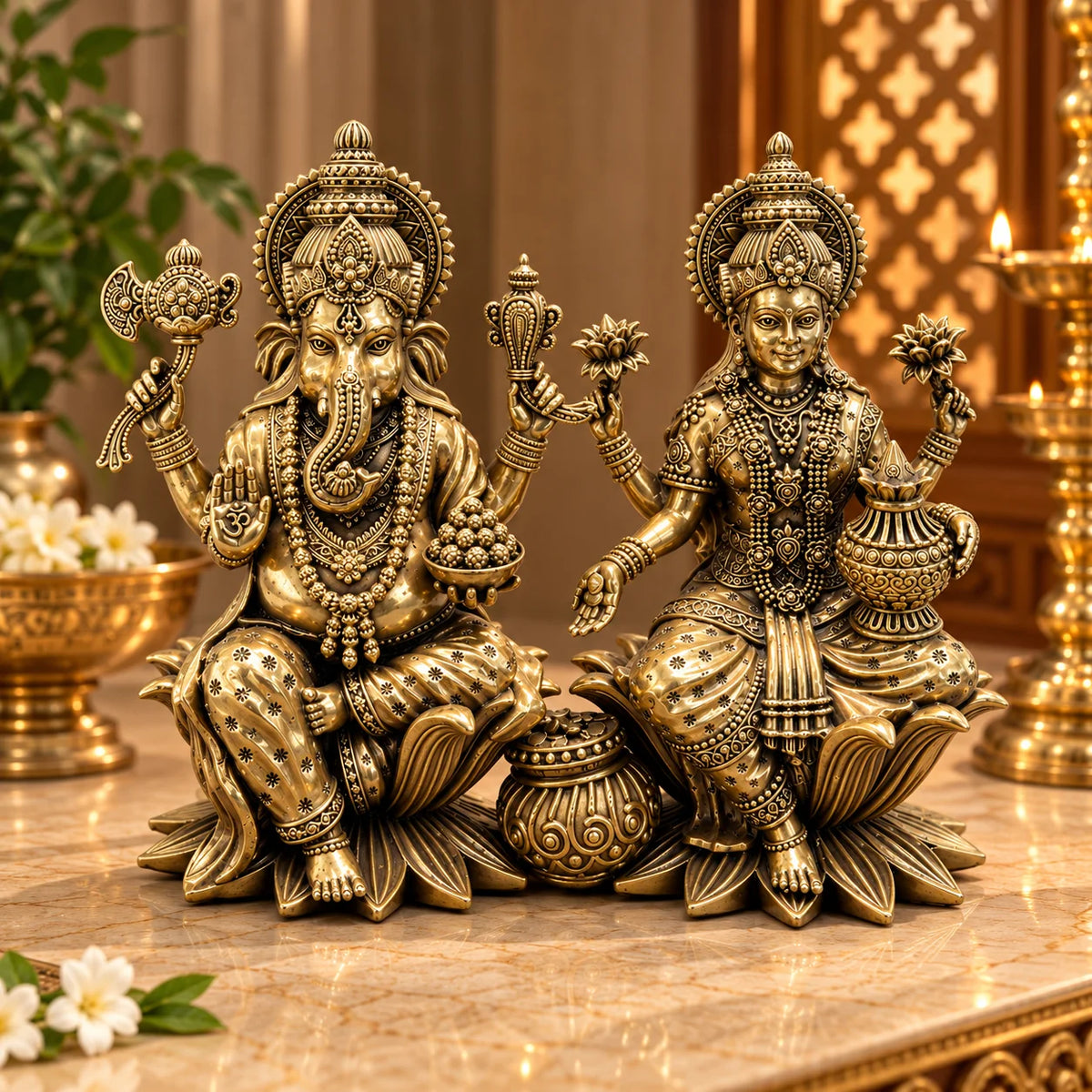Antique Gold Lakshmi Ganesh Idol Set for Home Temple