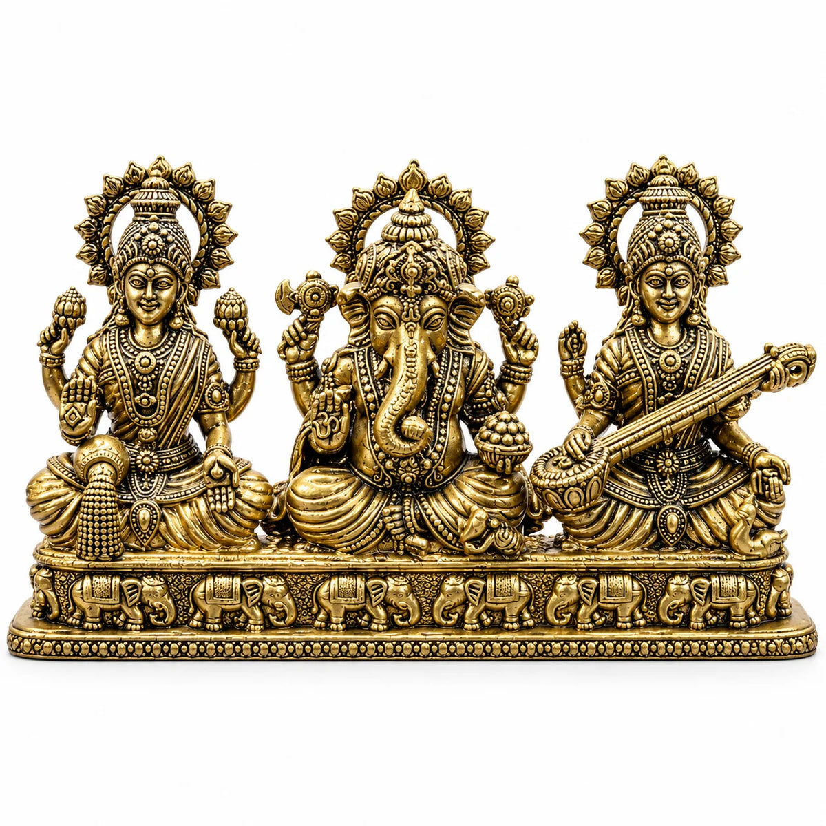 Antique Gold Lakshmi Ganesha Saraswati Idol Set with Elephant Design Base