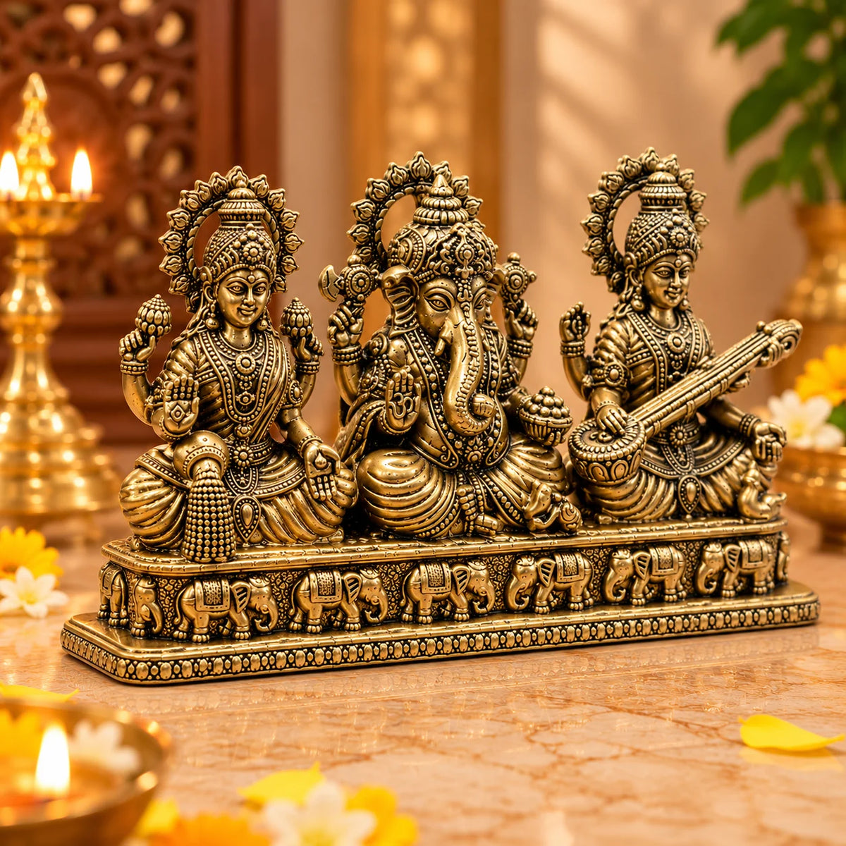 Antique Gold Lakshmi Ganesha Saraswati Idol Set with Elephant Design Base