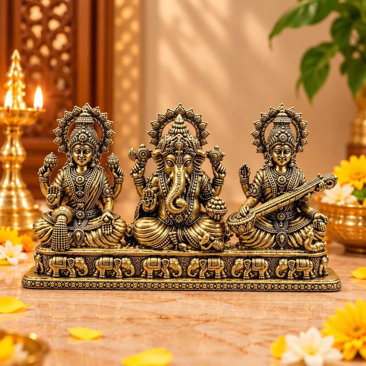 Antique Gold Lakshmi Ganesha Saraswati Idol Set with Elephant Design Base
